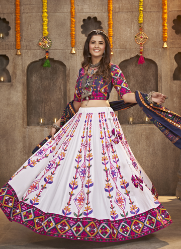Navratri Special Viscose Rayon Embroidered White Lehenga Choli